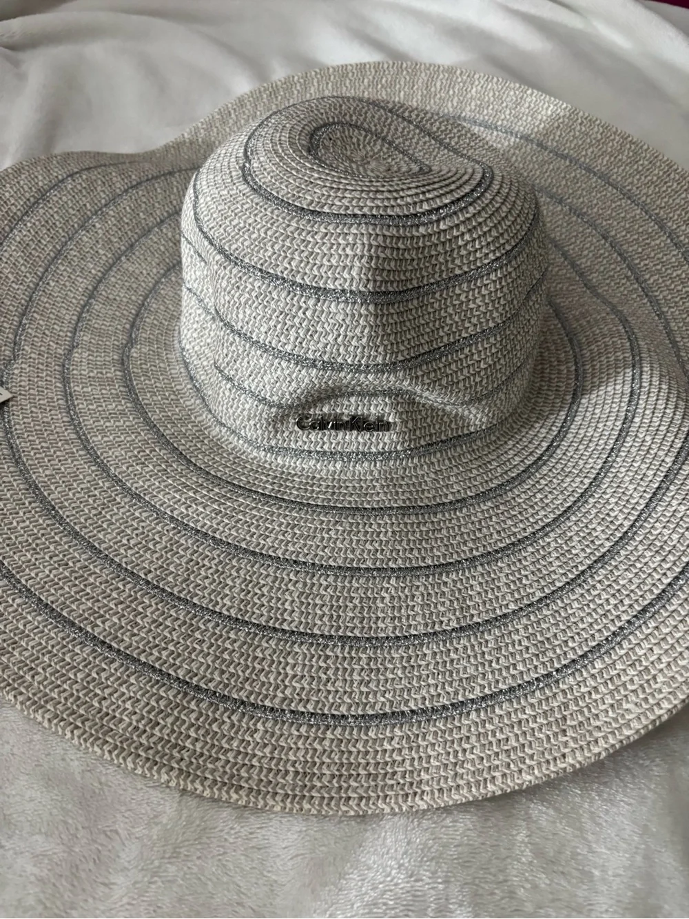 Calvin Klein Beige Straw Sun Hat with Navy Trim